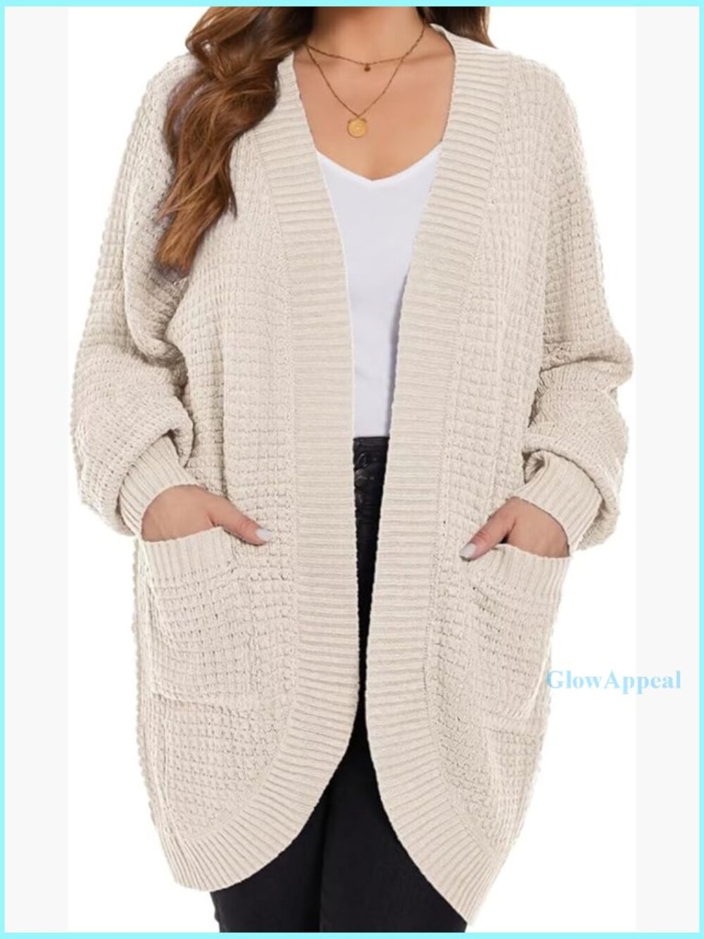Plus Size Open Front Cardigan Waffle Knit Long Sleeve Sweater With Pockets